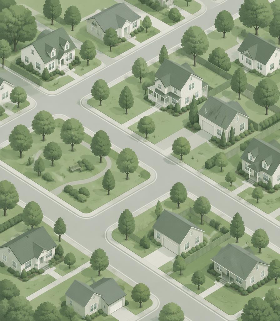 AI-generated illustration of a generic town neighborhood without a location pin